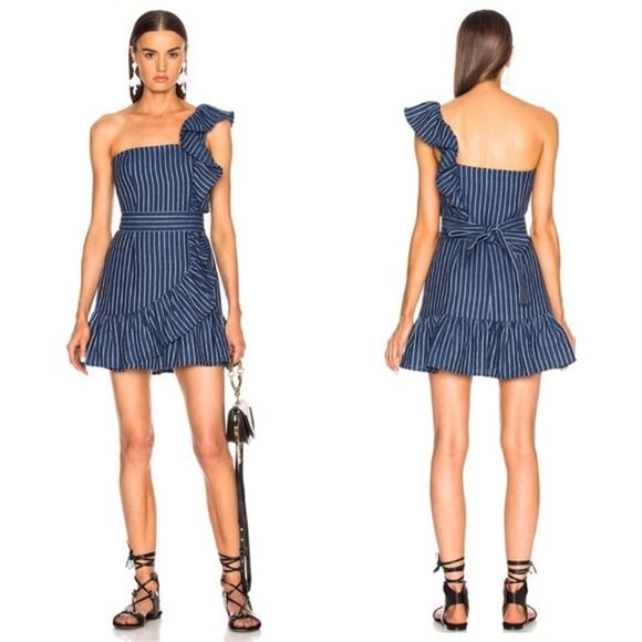 NWT Alexis Konner Striped One Shoulder Linen Mini Dress - Picture 1 of 10